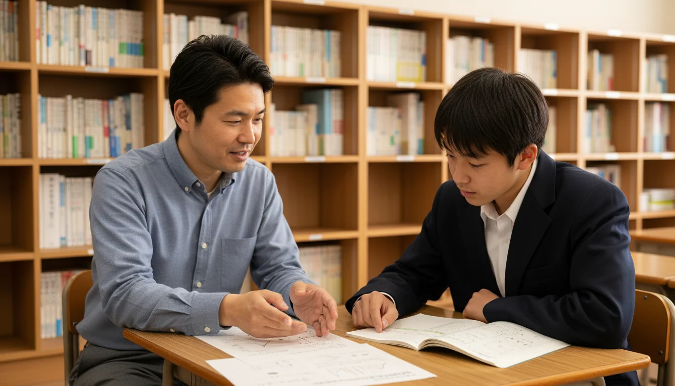 講師と生徒が机を囲み、ノートを見ながら個別に学習の進め方を確認している様子