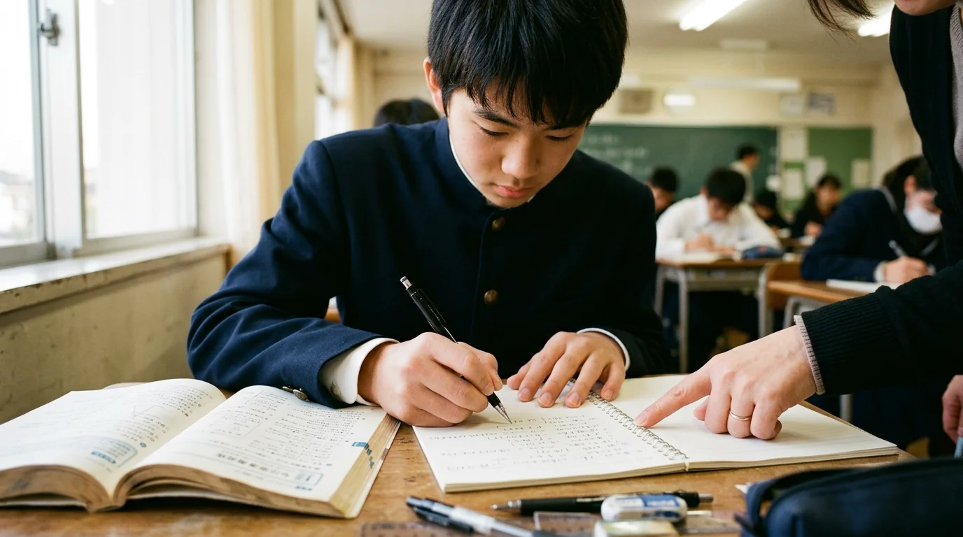鉛筆を持つ手元と問題集、ノートに書き込まれた計算式